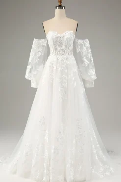 Branco A Line Tulle Mangas Longas Vestido de Noiva com Appliques Lace