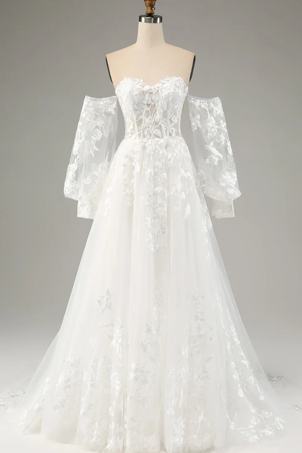 Branco A Line Tulle Mangas Longas Vestido de Noiva com Appliques Lace