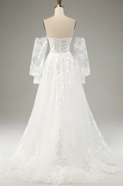 Branco A Line Tulle Mangas Longas Vestido de Noiva com Appliques Lace