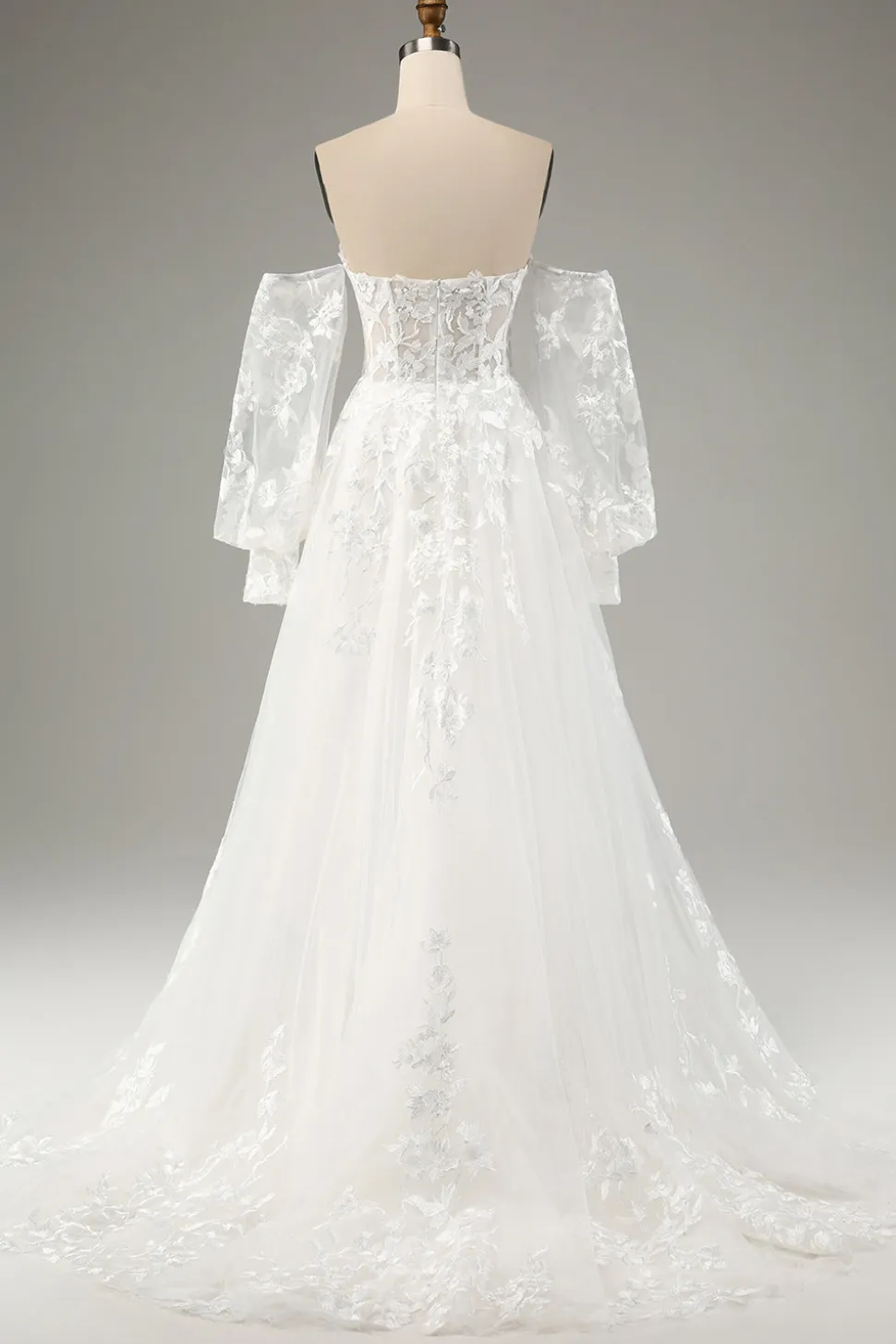 Branco A Line Tulle Mangas Longas Vestido de Noiva com Appliques Lace