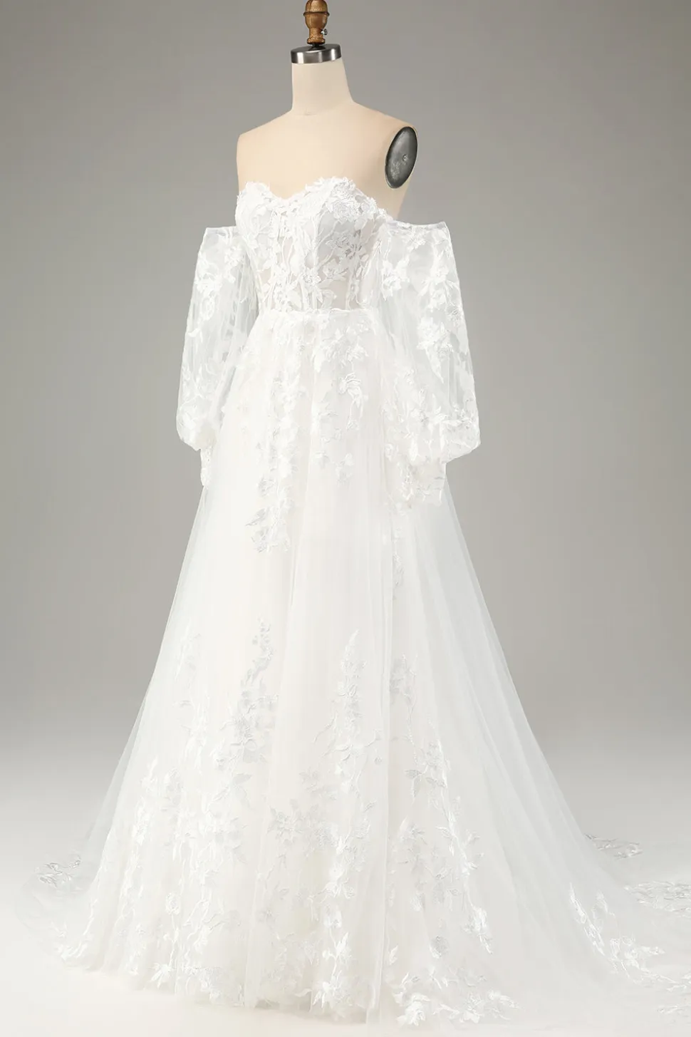 Branco A Line Tulle Mangas Longas Vestido de Noiva com Appliques Lace