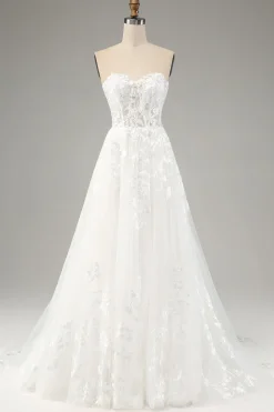 Branco A Line Tulle Mangas Longas Vestido de Noiva com Appliques Lace