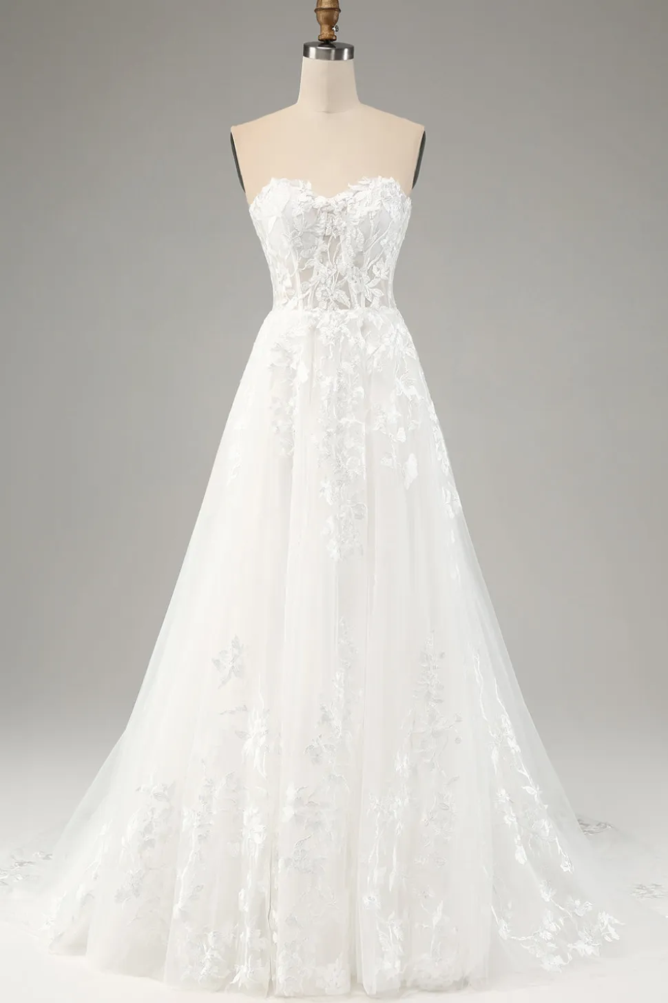 Branco A Line Tulle Mangas Longas Vestido de Noiva com Appliques Lace