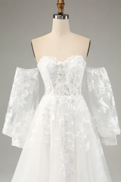 Branco A Line Tulle Mangas Longas Vestido de Noiva com Appliques Lace