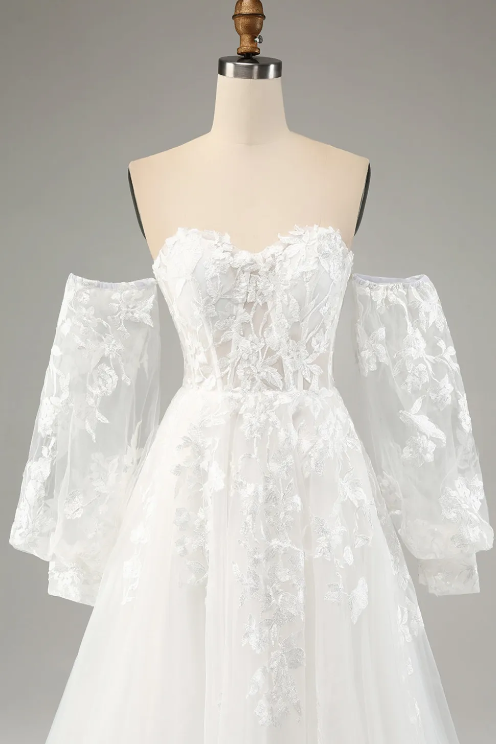 Branco A Line Tulle Mangas Longas Vestido de Noiva com Appliques Lace