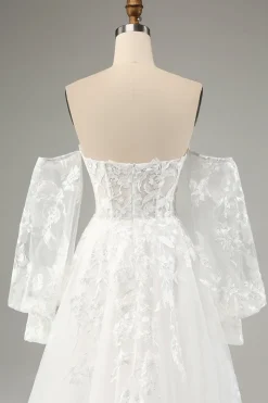 Branco A Line Tulle Mangas Longas Vestido de Noiva com Appliques Lace