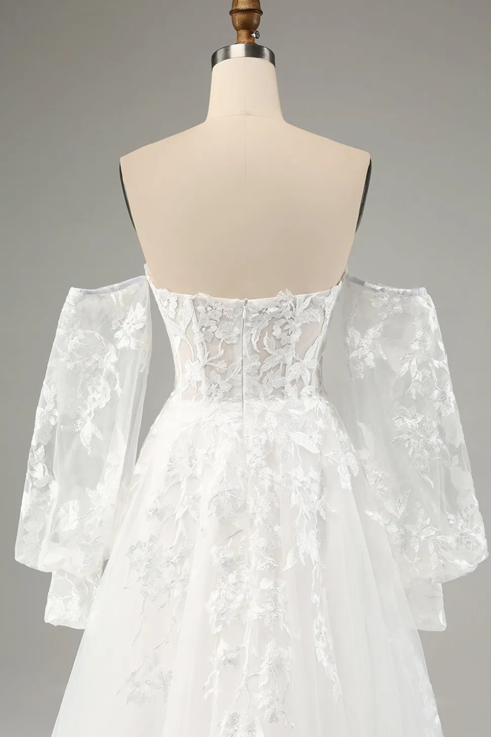 Branco A Line Tulle Mangas Longas Vestido de Noiva com Appliques Lace