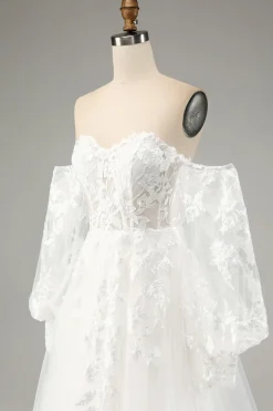 Branco A Line Tulle Mangas Longas Vestido de Noiva com Appliques Lace