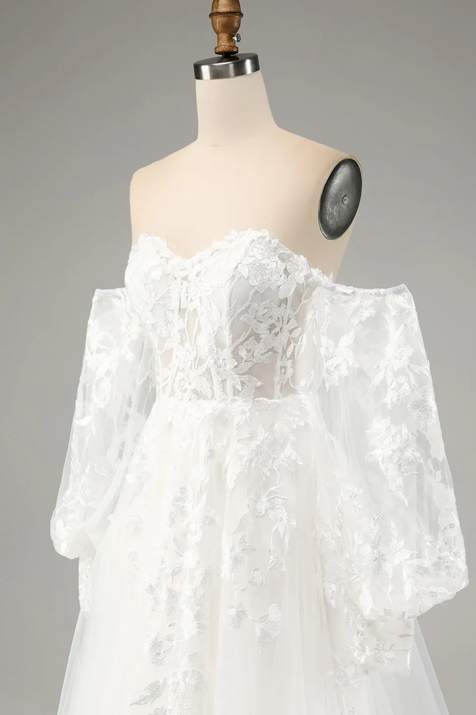 Branco A Line Tulle Mangas Longas Vestido de Noiva com Appliques Lace