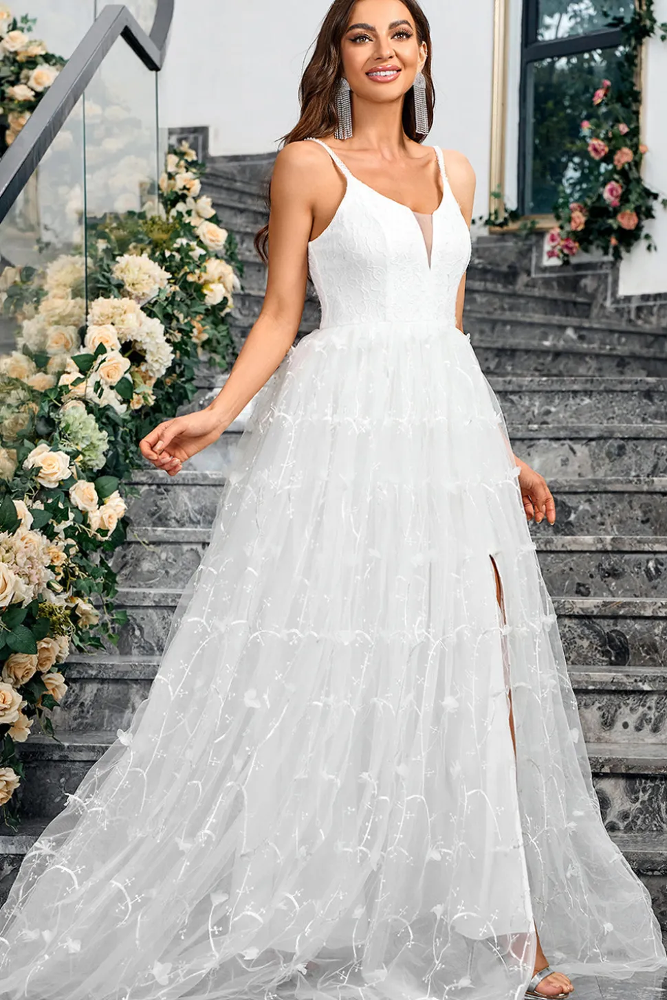 Branco A Line V Neck Tulle Long Formal Vestido de festa com fenda