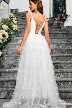 Branco A Line V Neck Tulle Long Formal Vestido de festa com fenda