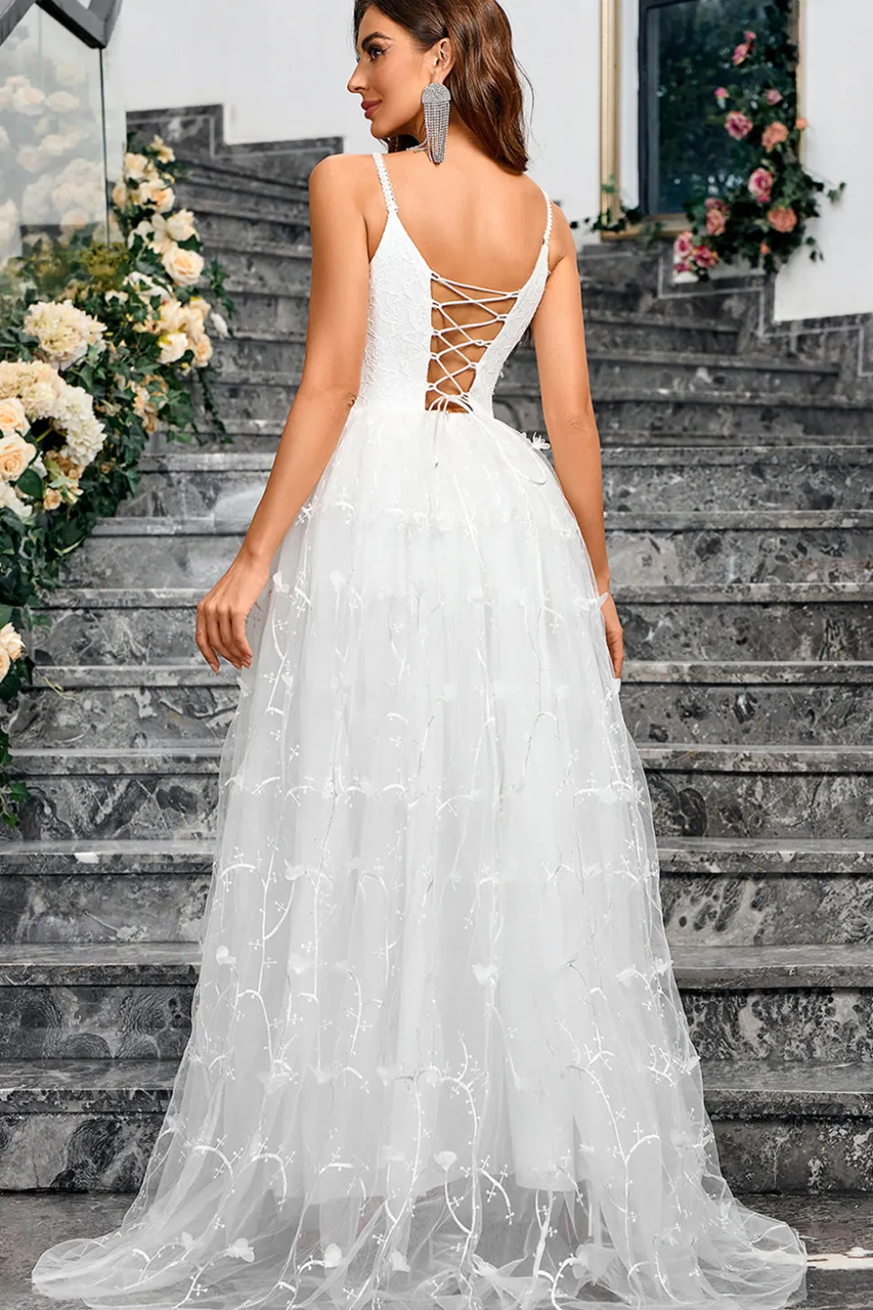Branco A Line V Neck Tulle Long Formal Vestido de festa com fenda