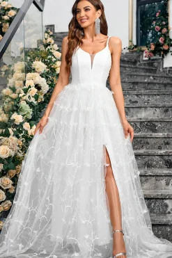 Branco A Line V Neck Tulle Long Formal Vestido de festa com fenda