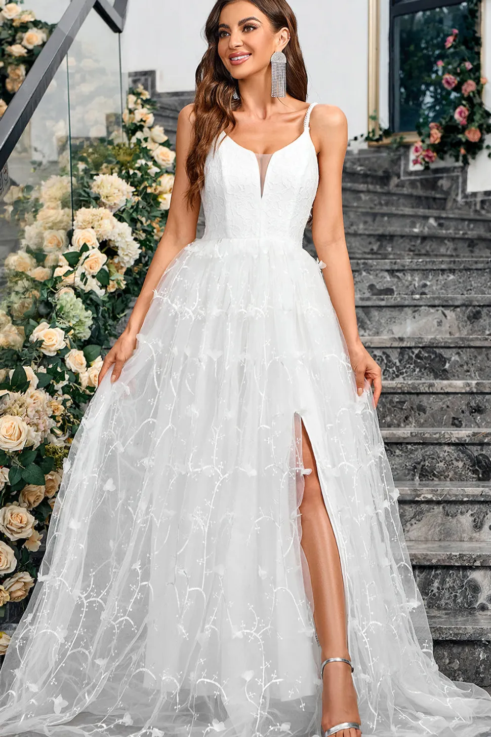 Branco A Line V Neck Tulle Long Formal Vestido de festa com fenda