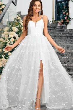 Branco A Line V Neck Tulle Long Formal Vestido de festa com fenda