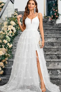 Branco A Line V Neck Tulle Long Formal Vestido de festa com fenda