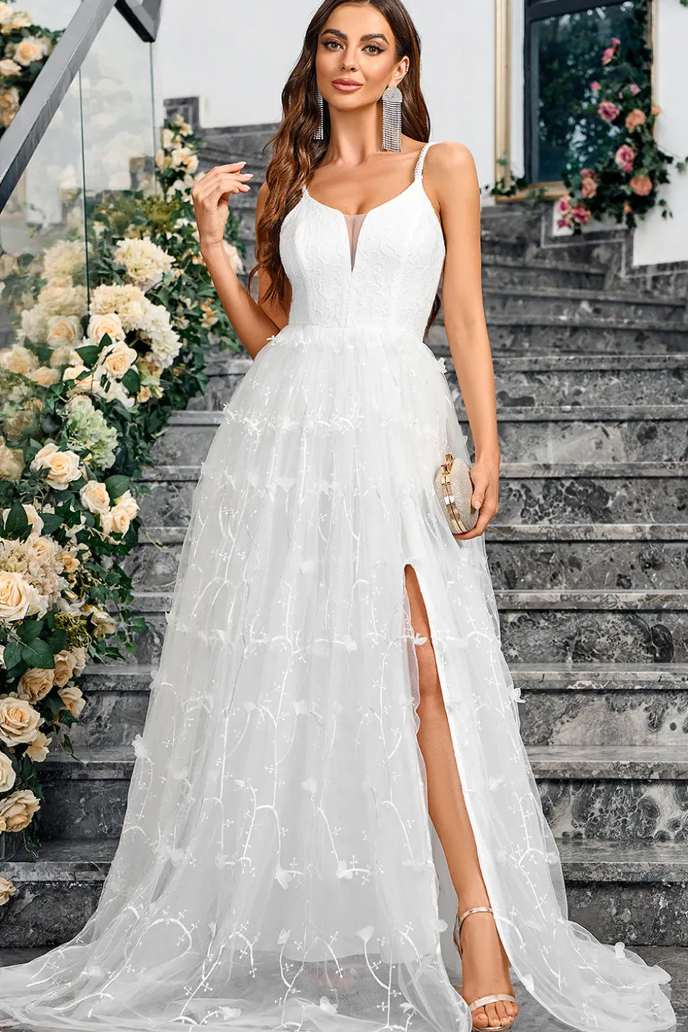 Branco A Line V Neck Tulle Long Formal Vestido de festa com fenda