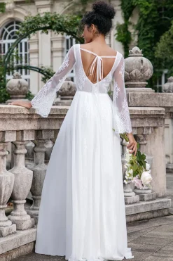 Branco A Line V Pescoço Mangas Longas Praia Boho Vestido de Noiva com Renda Appliqued