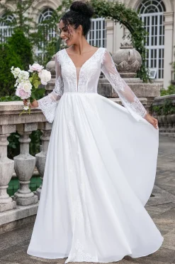Branco A Line V Pescoço Mangas Longas Praia Boho Vestido de Noiva com Renda Appliqued