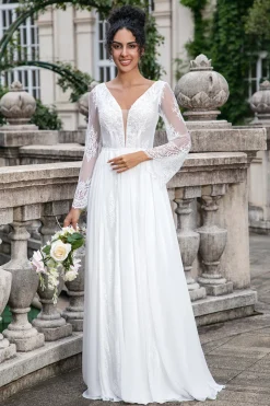 Branco A Line V Pescoço Mangas Longas Praia Boho Vestido de Noiva com Renda Appliqued