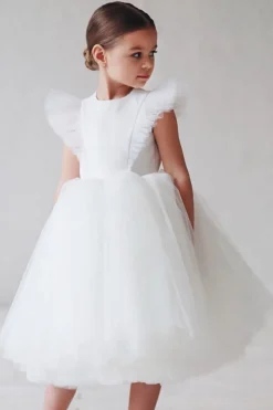 Branco A Linha Pescoço Redondo Mangas Tulle Flor Menina Vestido