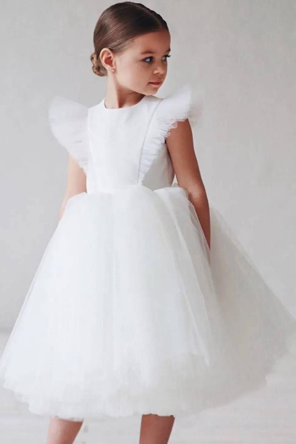 Branco A Linha Pescoço Redondo Mangas Tulle Flor Menina Vestido