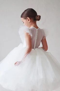 Branco A Linha Pescoço Redondo Mangas Tulle Flor Menina Vestido