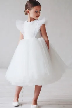 Branco A Linha Pescoço Redondo Mangas Tulle Flor Menina Vestido