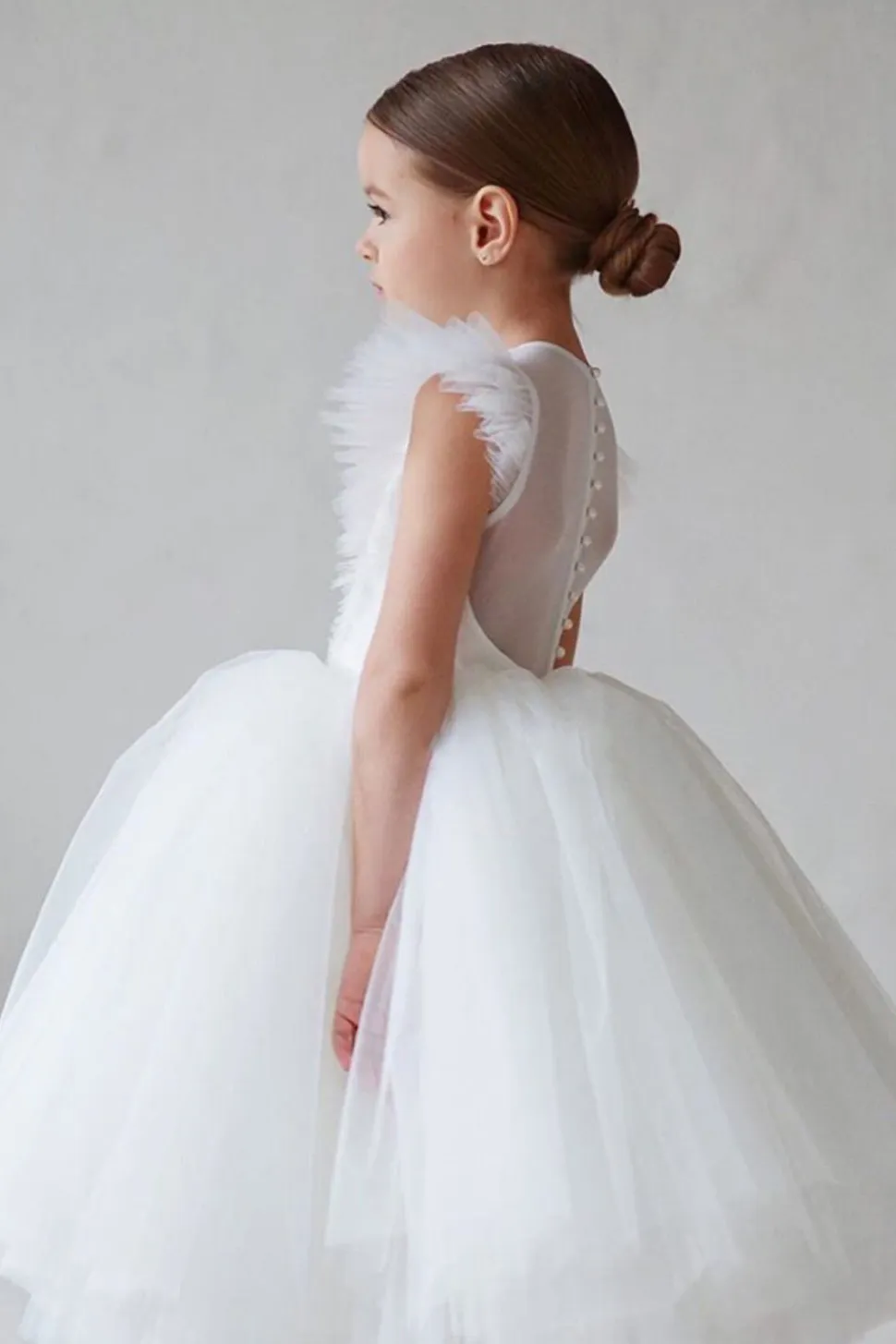 Branco A Linha Pescoço Redondo Mangas Tulle Flor Menina Vestido