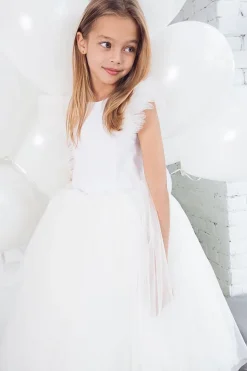 Branco A Linha Pescoço Redondo Mangas Tulle Flor Menina Vestido