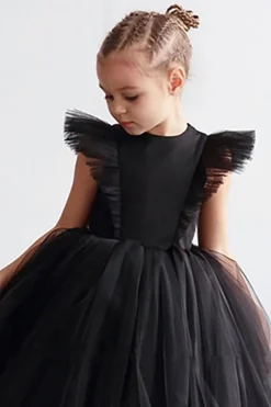 Branco A Linha Pescoço Redondo Mangas Tulle Flor Menina Vestido