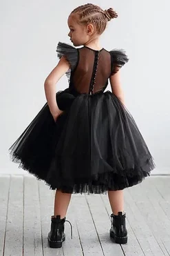 Branco A Linha Pescoço Redondo Mangas Tulle Flor Menina Vestido