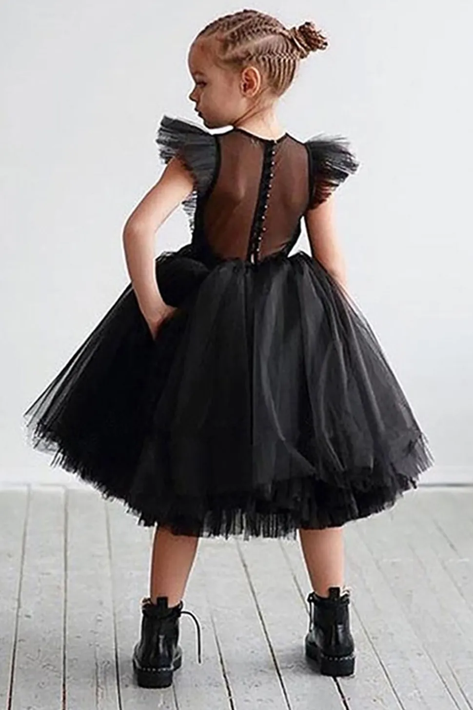 Branco A Linha Pescoço Redondo Mangas Tulle Flor Menina Vestido