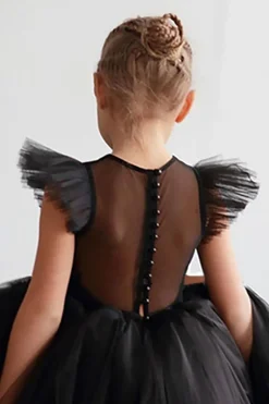 Branco A Linha Pescoço Redondo Mangas Tulle Flor Menina Vestido
