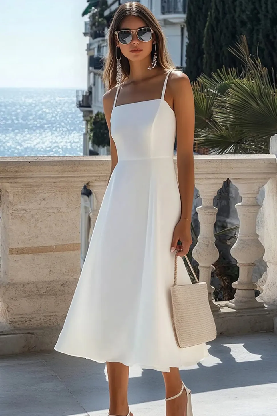 Branco Alças Finas Linha-A Midi Vestidos de Noiva