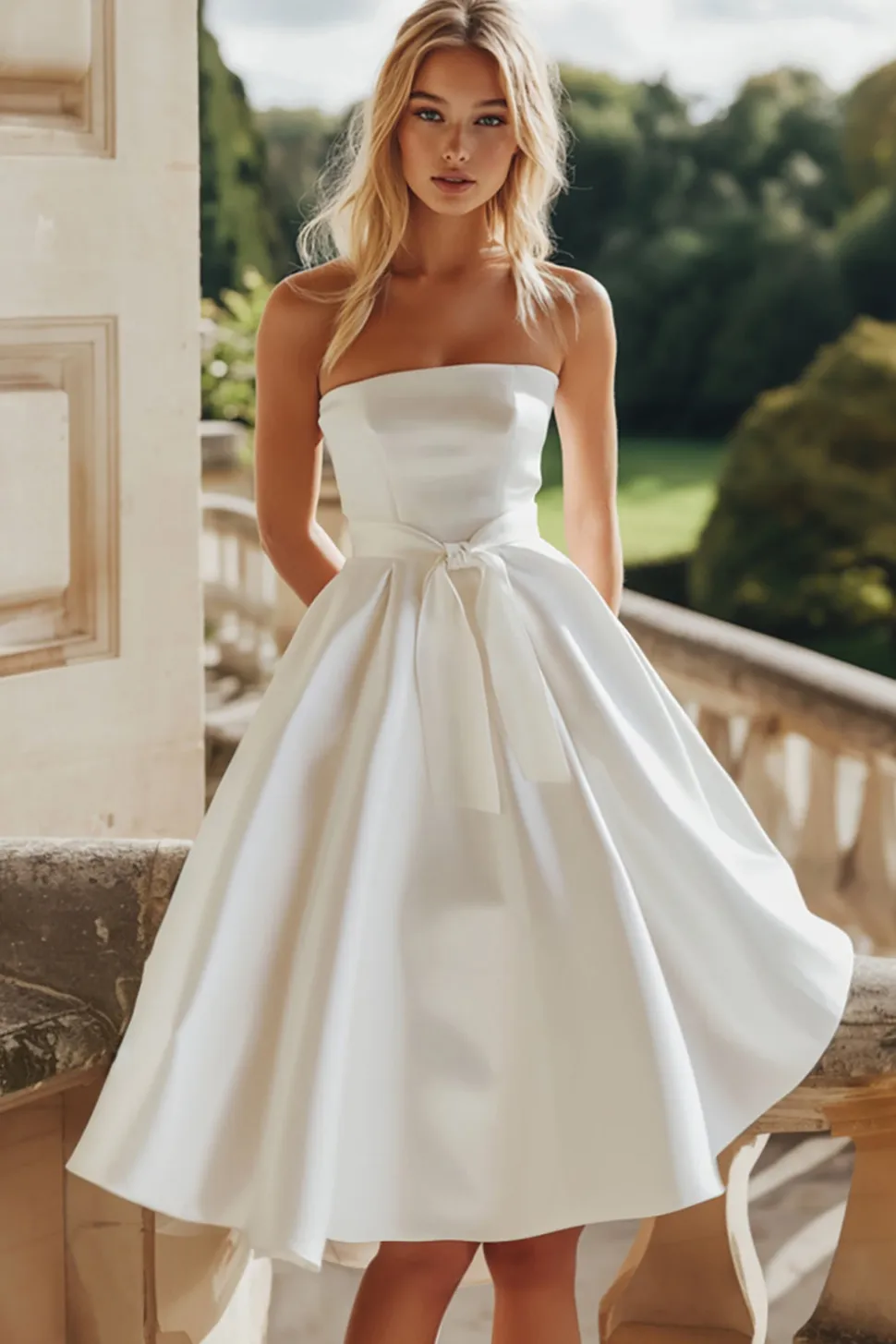 Branco A-Line cetim strapless midi vestido de graduação com bowknot