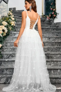 Branco A-Line Espaghetti Correias Appliques Tulle Long Wedding Party Dress com Fenda
