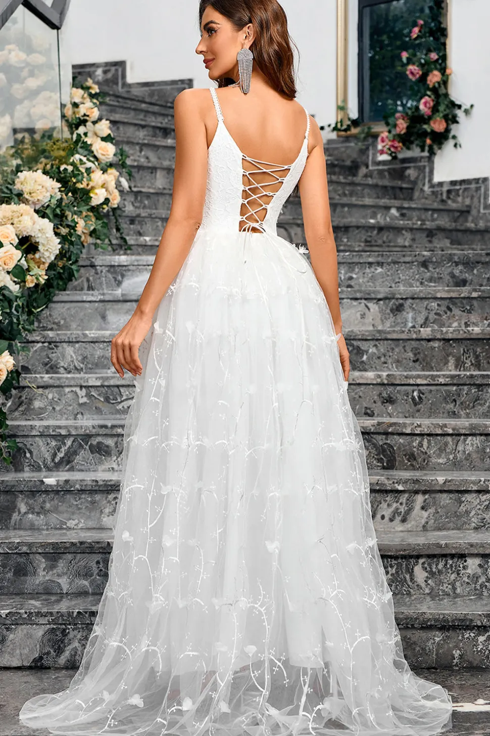 Branco A-Line Espaghetti Correias Appliques Tulle Long Wedding Party Dress com Fenda