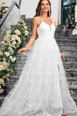 Branco A-Line Espaghetti Correias Appliques Tulle Long Wedding Party Dress com Fenda