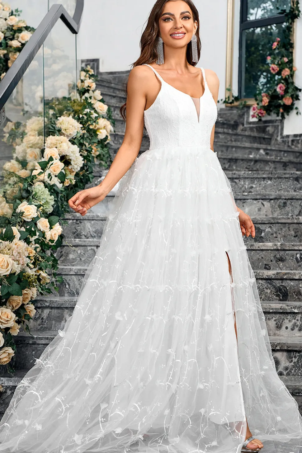 Branco A-Line Espaghetti Correias Appliques Tulle Long Wedding Party Dress com Fenda