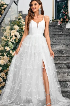 Branco A-Line Espaghetti Correias Appliques Tulle Long Wedding Party Dress com Fenda