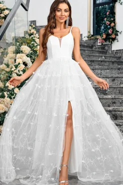 Branco A-Line Espaghetti Correias Appliques Tulle Long Wedding Party Dress com Fenda
