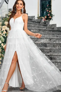 Branco A-Line Espaghetti Correias Appliques Tulle Long Wedding Party Dress com Fenda