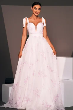 Branco A-Line Floral Long Prom Dress