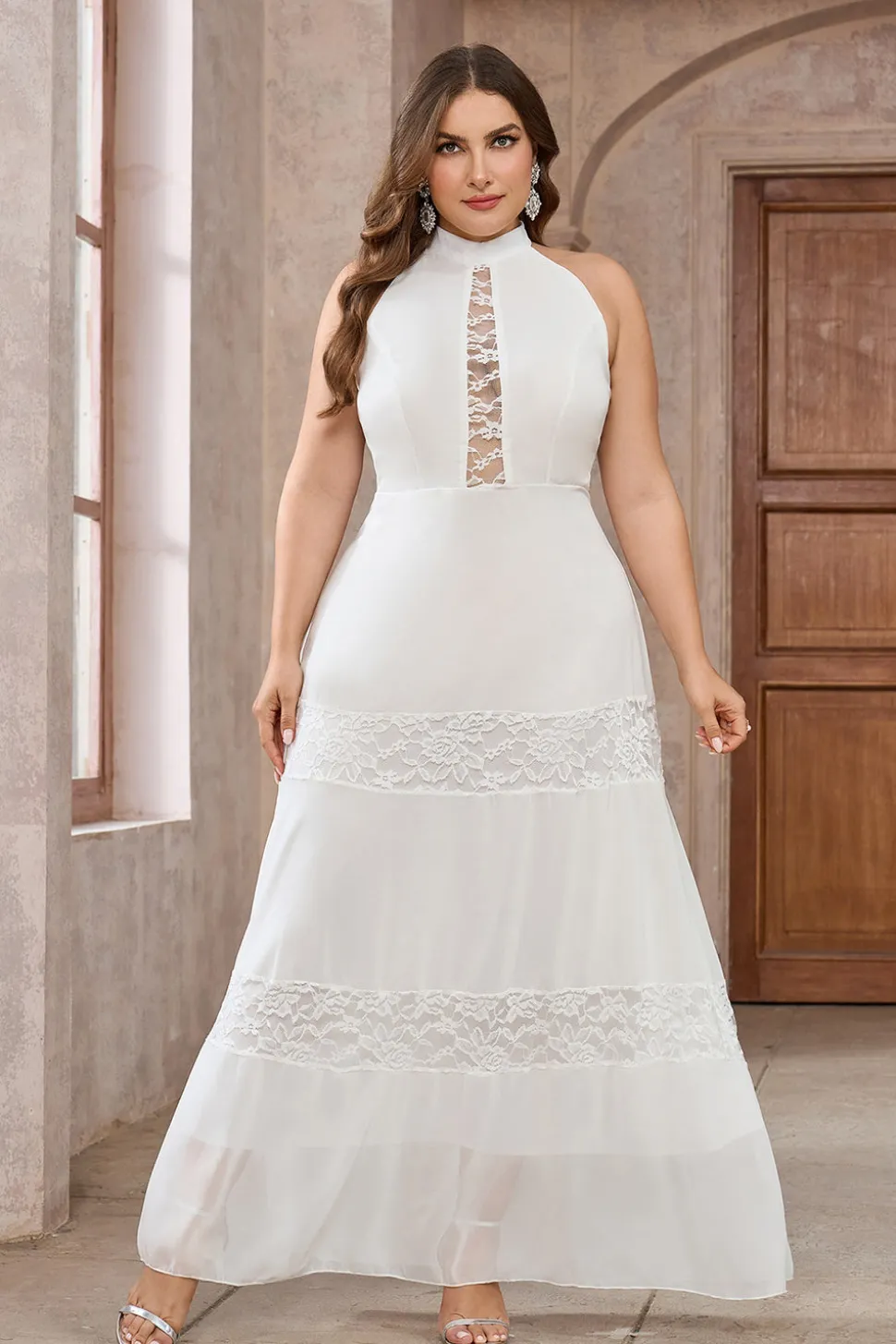 Branco A-Line Halter Lace Long Party Dress