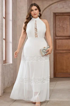 Branco A-Line Halter Lace Long Party Dress