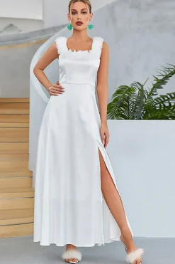 Branco A-Line Pescoço Quadrado Vestido Longo Prom