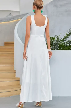 Branco A-Line Pescoço Quadrado Vestido Longo Prom