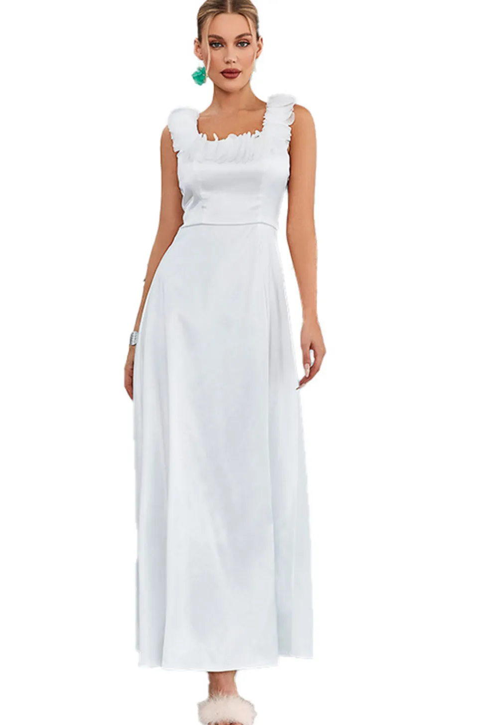 Branco A-Line Pescoço Quadrado Vestido Longo Prom