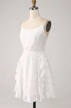 Branco A-Line Spaghetti Correias Vestido de Graduação Curto